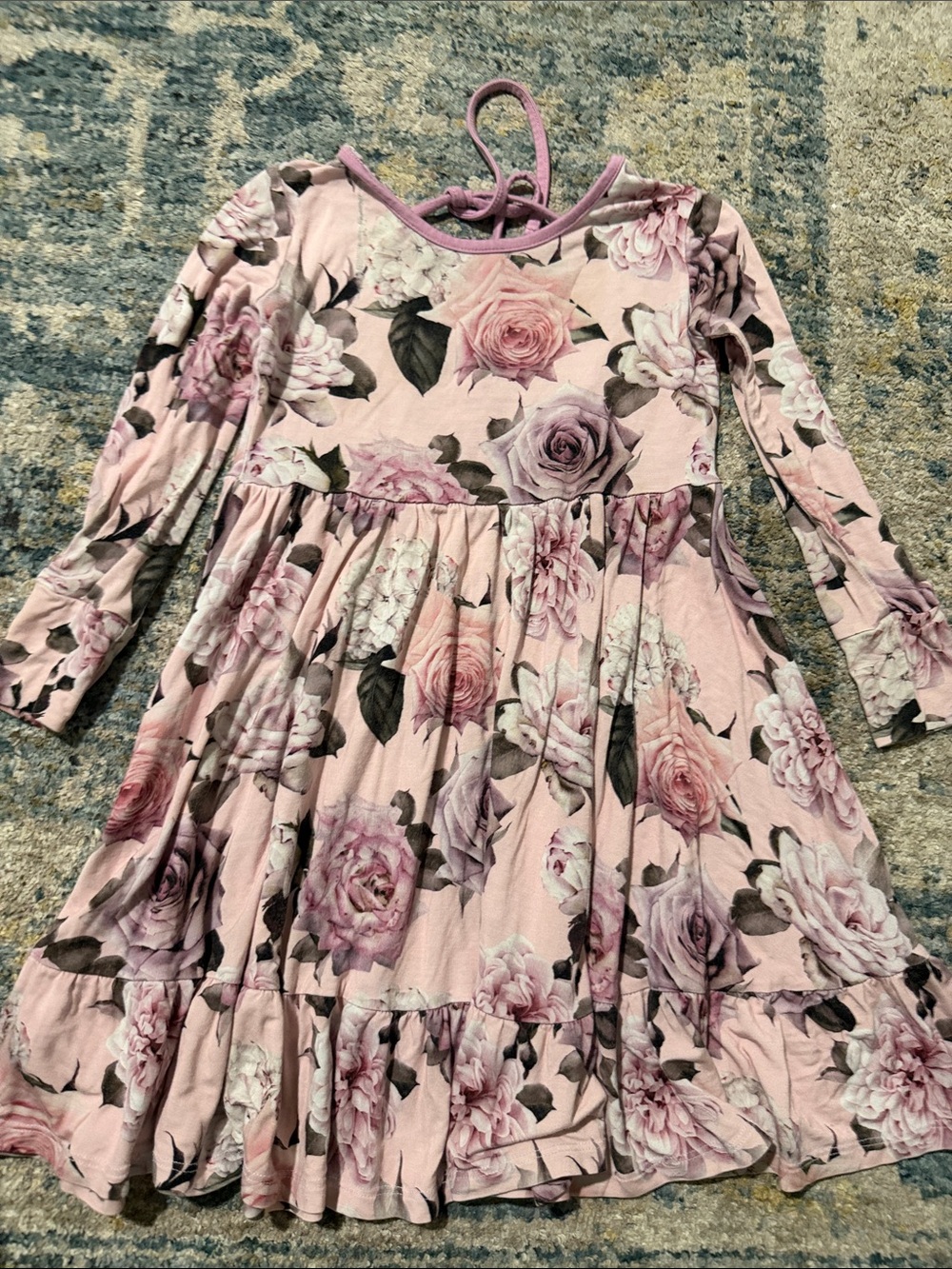 Girls' Pink Floral Long-Sleeve Twirl Dress
